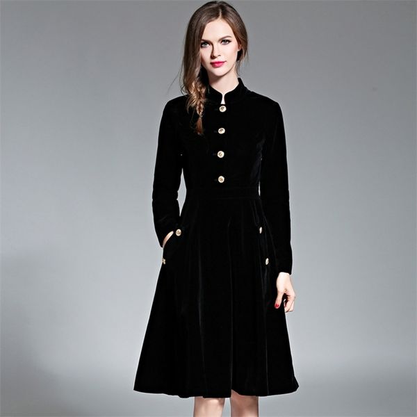 Черное старинное платье женщины элегантные тонкие с длинными рукавами бархатные партии OL Office носить осень зима халат Vestidos 210525