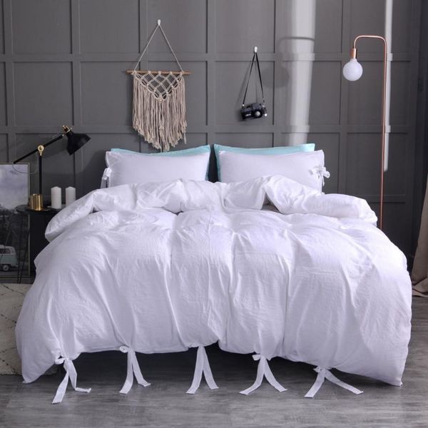 

soft washed cotton bedding set white bed linen twin  king bowknot duvet cover set pillowcase solid color bedclothes