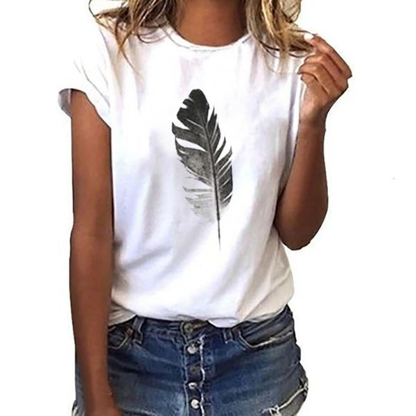 

2021 fashion ladies t-shirts leaf print short sleeve t-shirt casual wild dames met mode sauvage decontracte t-shirts, White