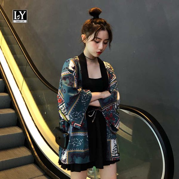 

ly varey lin spring autumn loose vintage chiffon cardigan japanese style three quarter printing ladies casual outerwear 210526, White