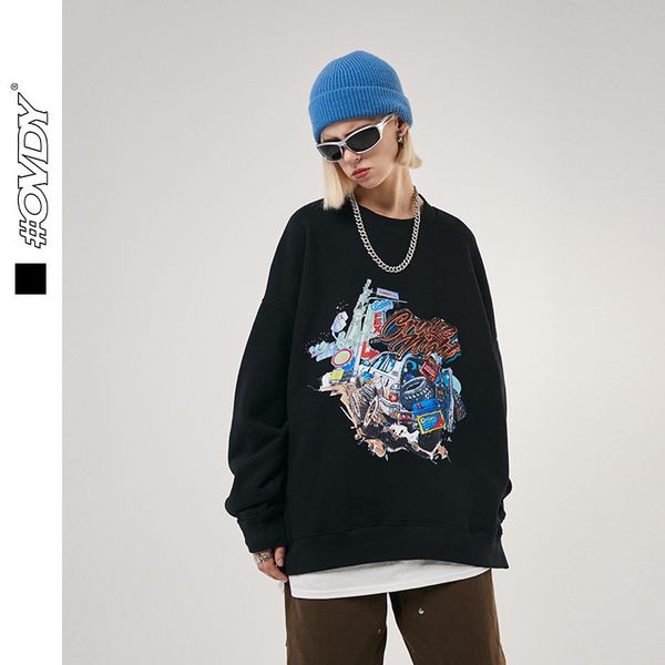 

wxwovdy 2021 autumn winter new trendy brand ins auto theme printed round neck pullover plush sweater men's, Black