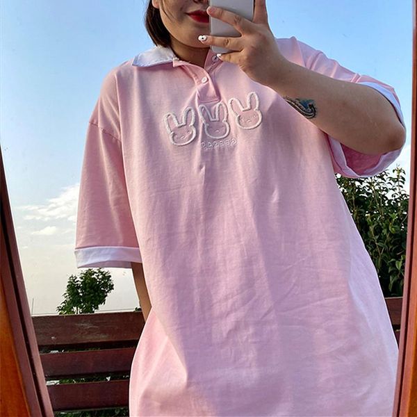 

women's t-shirt harajuku 3 rabbits head embroidery shirts cotton t oversized short sleeve summer teens lovers korean fashion, White