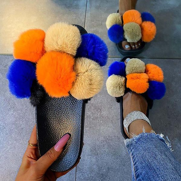 

slippers arrival girl fur color hair ball plush warm furry large size cotton shoes whosale, Black
