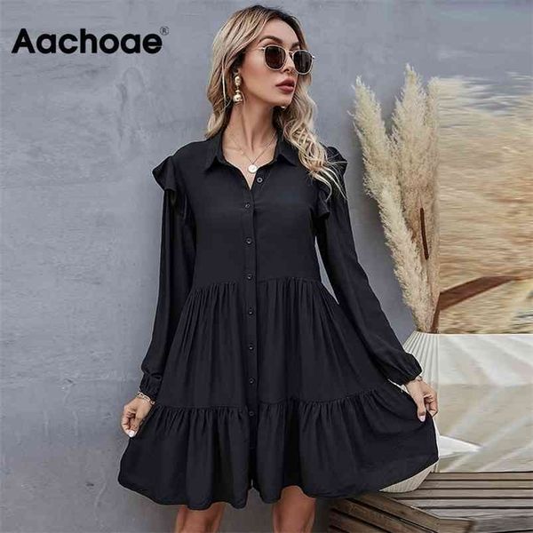 

aachoae summer autumn women black dress ruffles long sleeve elegant shirt loose casual pleated mini sundress robe 210701, Black;gray
