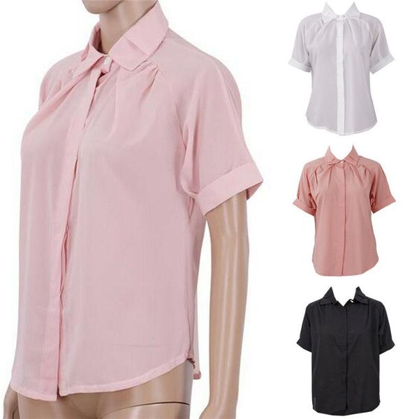 

women's blouses & shirts 2021 women summer solid chiffon short sleeve ruched slim lady office work casual blouse blusas top, White