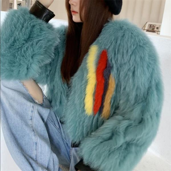 

women's fur & faux real coat short hit color whole leather 2021 winter raccoon knitting v-neck long sleeves, Black