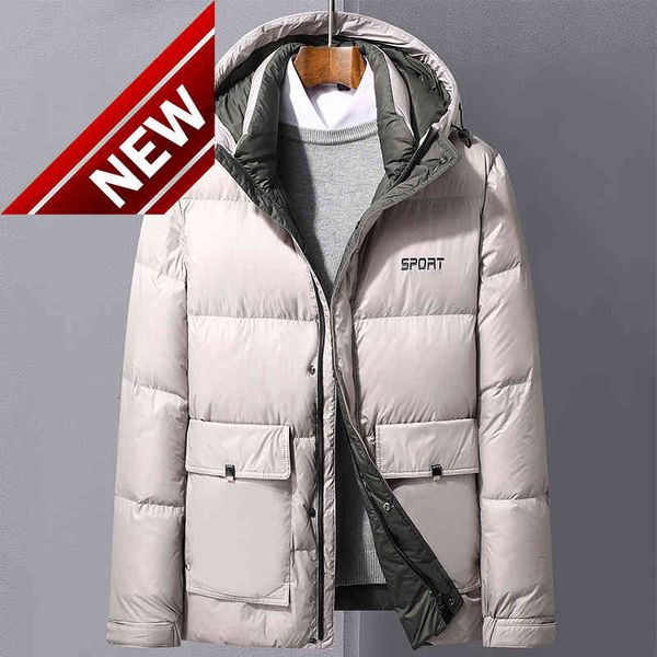 

new casual men brand thick lightweight down jacket parka hooded white duck coat beige black keep warm male