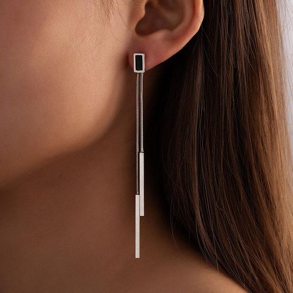

dangle & chandelier 2021 ins gold snake long chain tassel black enamel minimalist piercing earrings trendy korean women chic party jewelry, Silver