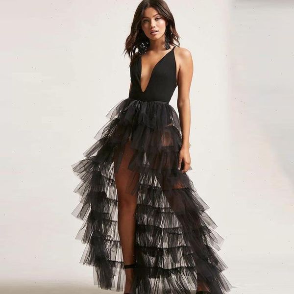

fashion black tiered tulle skirt tutu long sheer women overskirt high waist ruffled mesh maxi skirt detachable overlay cheap