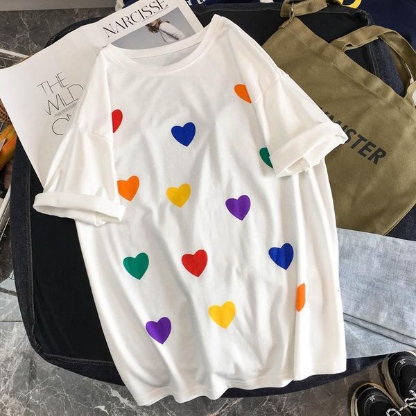 

new women t shirt summer cotton plus size harajuku hearts ulzzang korean style preppy style girl's casual tee shirt femme, White