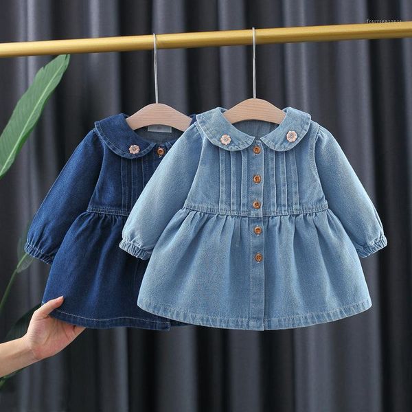 

girl's dresses children baby girls denim embroidery jacket long sleeve sweet dress infant autumn single-breasted coat kids1, Red;yellow
