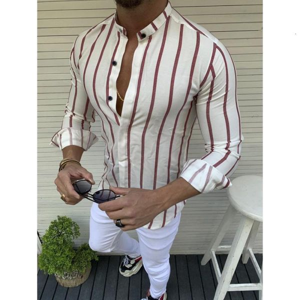 

2021 male fashion striped shirts printed punch-printed gentleman manly blouse long sleeve button fine fit streetwear business collar ovfq, White;black