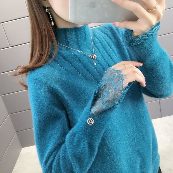 

visor velvet sweater female imitation 2021 new autumn high-collar pullovers of thick lace bottom shirt mesh y585 k37i, White;black