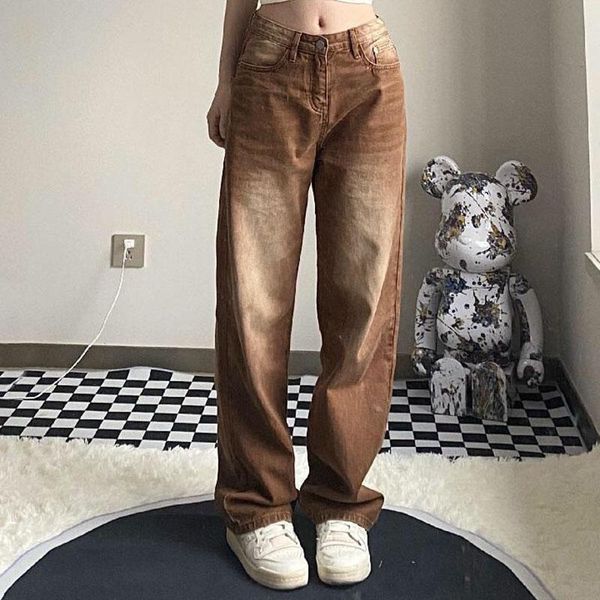 

women's jeans women brown high waist loose wide leg trousers denim pant casual vintage retro korean chic female boyfriend streetwear, Blue