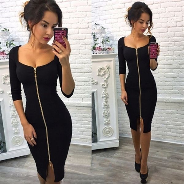 GAOKE Sexy Bleistift Enges Kleid Frauen Bodycon Etuikleid Schwarz Langarm Party Kleider Frauen Vorne Voll Reißverschluss Kleid Hot 210311