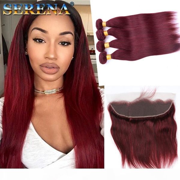 

selling wine red 99j straight hair bundles with lace frontal closure brazilian burgundy virgin human hair weaves with 13x4 lace frontal, Black;brown