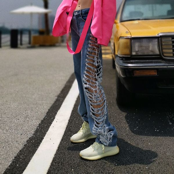 

side hollow out denim womens pants high waist patchwork tassel streetwear jeans female 2021 autumn fashion new, Black;white