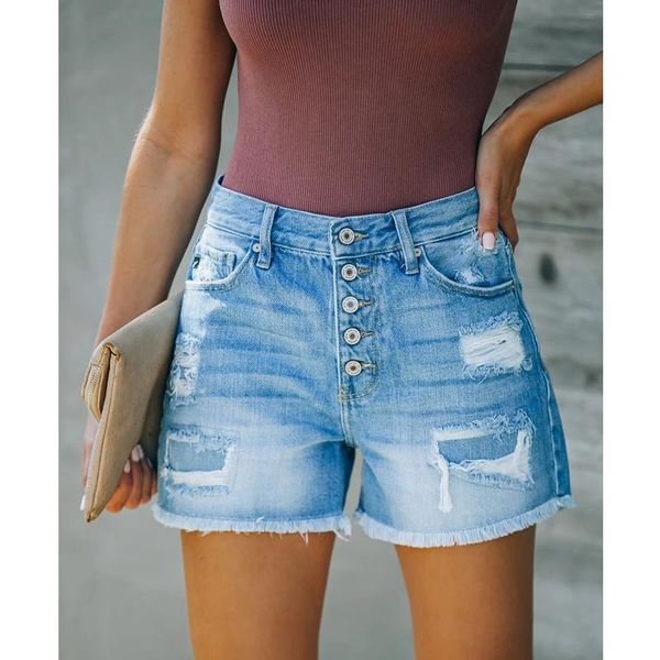 

women's jeans short pants for women summer fashion straight high waist ripped hole washed denim shorts lugentolo, Blue