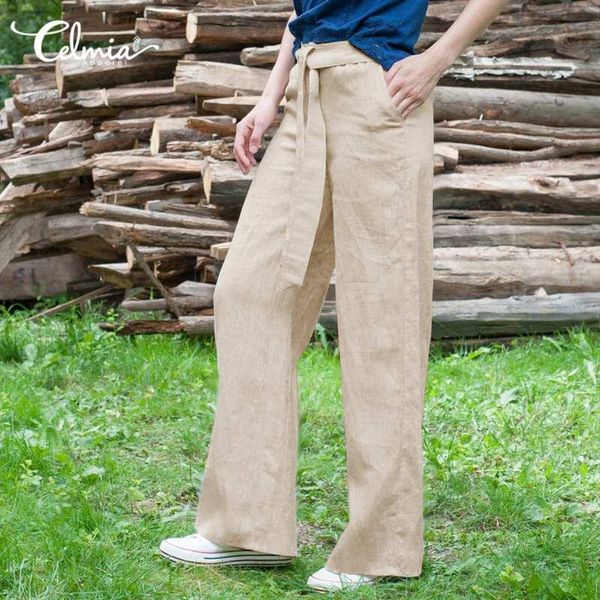 

women's pants & capris vintage cotton long palazzo celmia women casual solid wide leg loose trouser female belted pockets elastic waist, Black;white