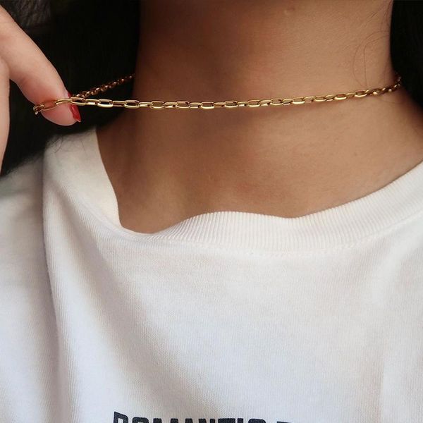 

chokers european and american simple titanium steel gold-plated clavicle chain choker necklace women men jewelry, Golden;silver