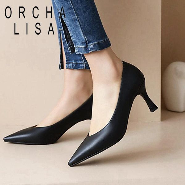 

dress shoes orcha lisa 2021 women pumps pointed toe 7.5cm block heels slip-on classic big size 48 casual office black beige a3792
