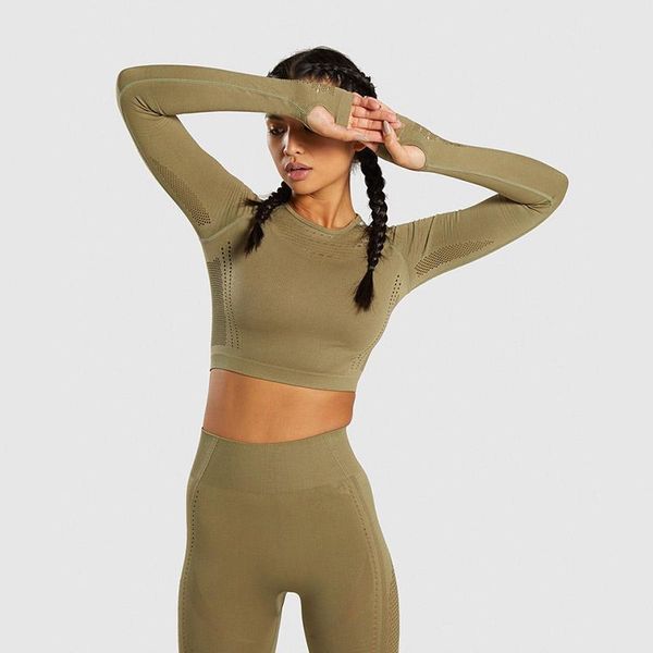 

yoga outfits women seamless long sleeve crop mesh hollow breathable gym t-shirt elastic tight sport shirt fitness sportswear, White;red