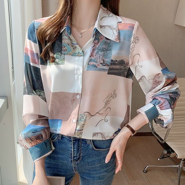

vintage woman chiffon shirt long-sleeve chinese shirt printed female blouses 3ms3, Black