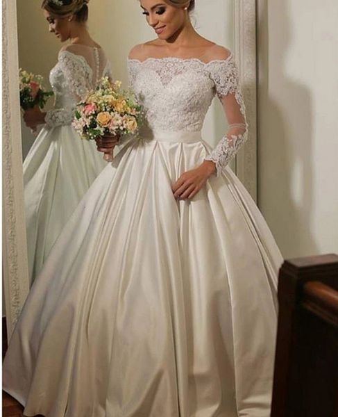 

new vestidos noiva satin wedding es long sleeve appliques pearls 2021 bridal gowns lace robe de mariage 8lgo, White