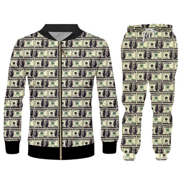 IFPD 3D Baskı Dolar Hoodies Komik Artı Boyutu Erkek Set Ceket Ve Jogginggörü Pantolon Kağıt Para Bulmaca Eşofman Kazak Ev Suit X0909