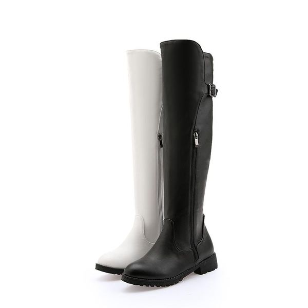 

boots fashion female over the knee solid color pu street handsome belt buckle knight lady zipper low heel women shoes, Black