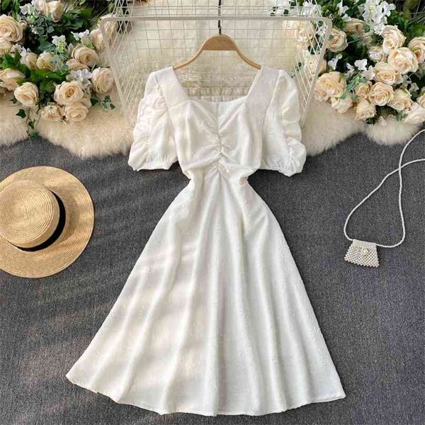 

french style summer dress women white black puff sleeve ruched v-neck slim a-line party date elegant vintage 210603, Black;gray