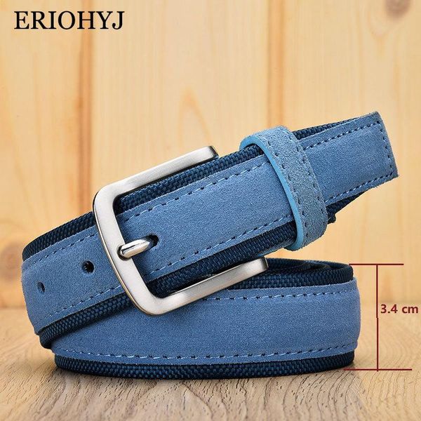 

belts men suede leather belt with oxford fabric strap genuine luxury pin buckle blue for 3.5 cm and 4.0 width, Black;brown