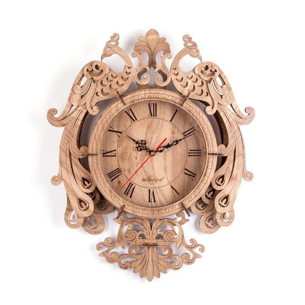 

wall clocks 33pcs/set 3d diy wooden clock silent puzzle model kit laser cutting peafowl for home decor - oak color