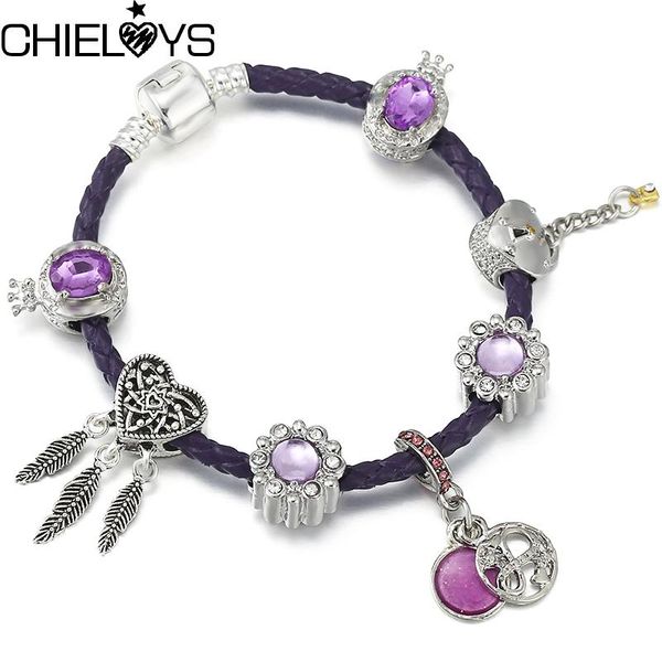 

charm bracelets crystal purple crown flower beads with leather chain bracelet bangles for women men fashion brand jewelry gift, Golden;silver