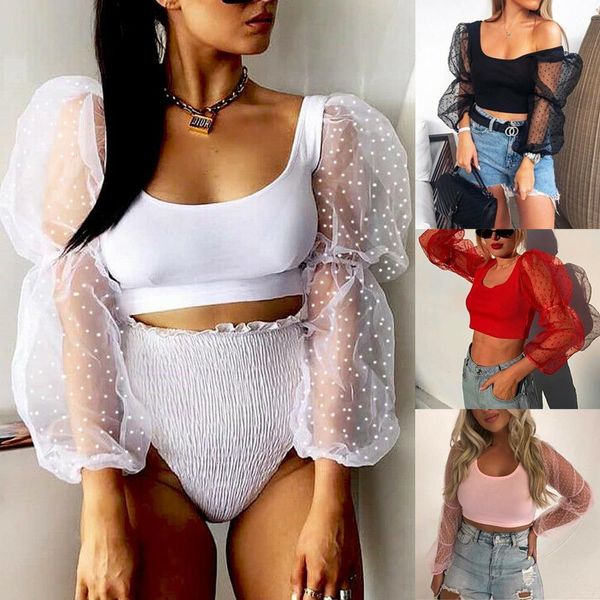 

fashion see through women mesh puff sleeve polka dot blouse tulle long sleeve women blouse u neck slim crop ladies bare, White