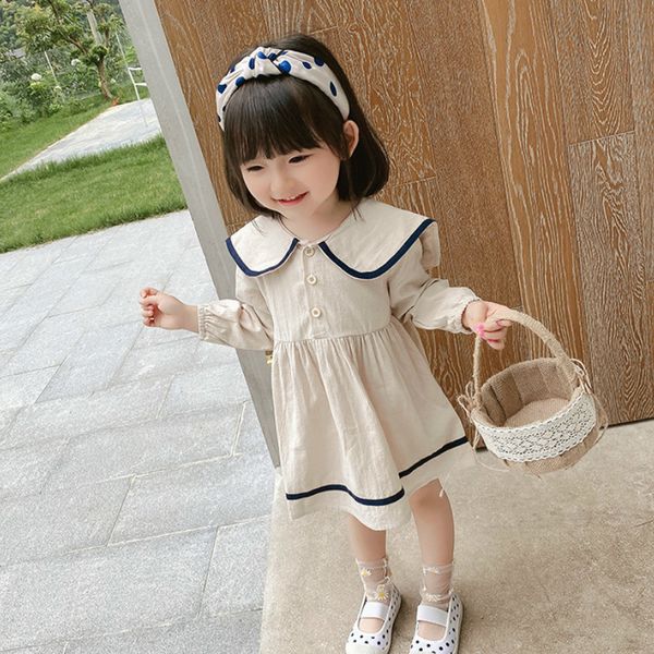 2020 herbst Neue Ankunft Mädchen Langarm Kleid Kinder Koreanische Design Baumwolle Kleid Navy Kleid Q0716