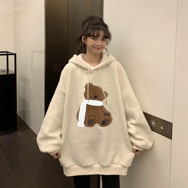

2021 kawaii hoodie inverno quente moda hoodies urso impresso manga longa pulver bonito bordado feminino jbmh, Black