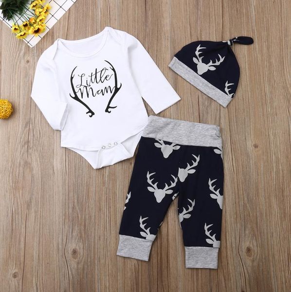

clothing sets 0-18m 3pcs set for born infant baby boys clothes long sleeve letter printed bodysuits+pants+hats casual outfits, White