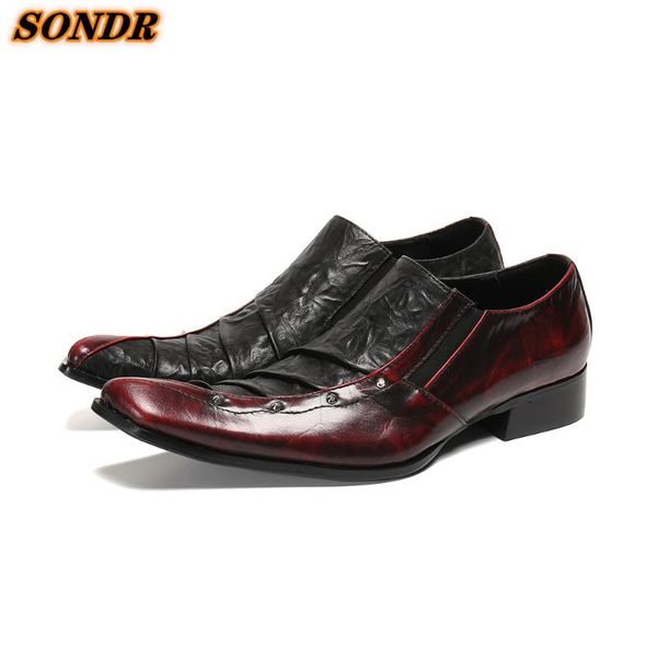 

dress shoes retro men genuine leather square toe slip on rivets wrinkled personality business oxford sapatos masculino, Black