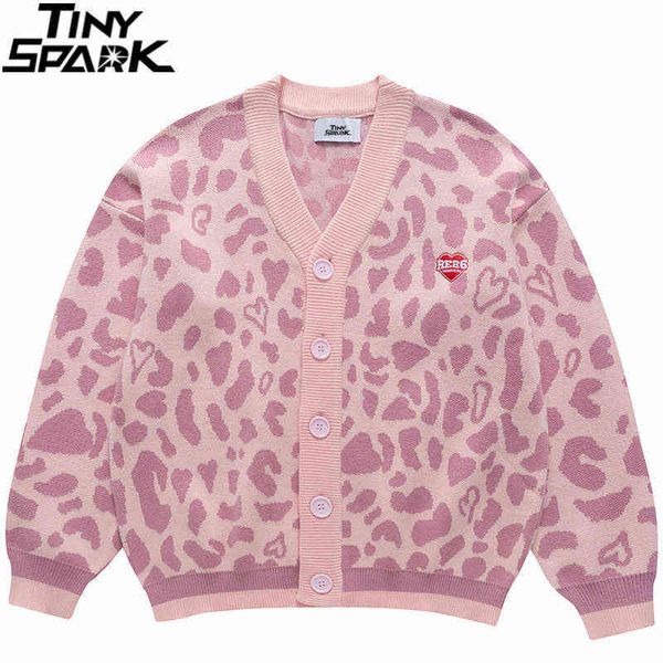 Hip Hop Gestrickte Jacke 2021 Männer Streetwear Leopard Print Stickerei Pullover Jacke Herbst Baumwolle Casual Jacke Mantel Harajuku Y1106