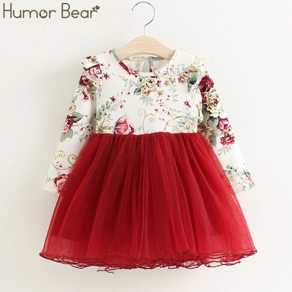 Юмор медведь девочка платье весна осень новый цветок печати с длинными рукавами сетки принцесса рождественское платье девушки одежда Q0716