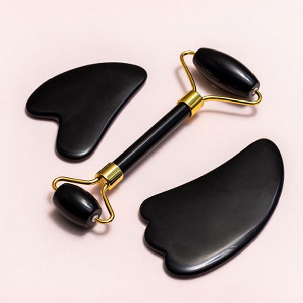 

natural black obsidian massage roller double head jade facial massager gua sha board skin care tool set stone