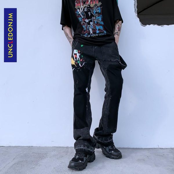 

uncledonjm graffiti jeans for men hip hop streetwear biker jeans 2021 men designer for slim fit b-310, Blue