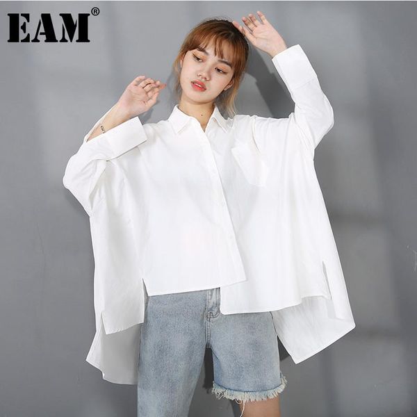

eam] women white irregular hem big size blouse new lapel long sleeve loose fit shirt fashion tide spring autumn 2021 js92100