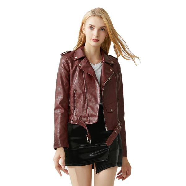 

women's leather & faux autumn winter jacket women black pu biker jackets short motor coat punk lady with belt