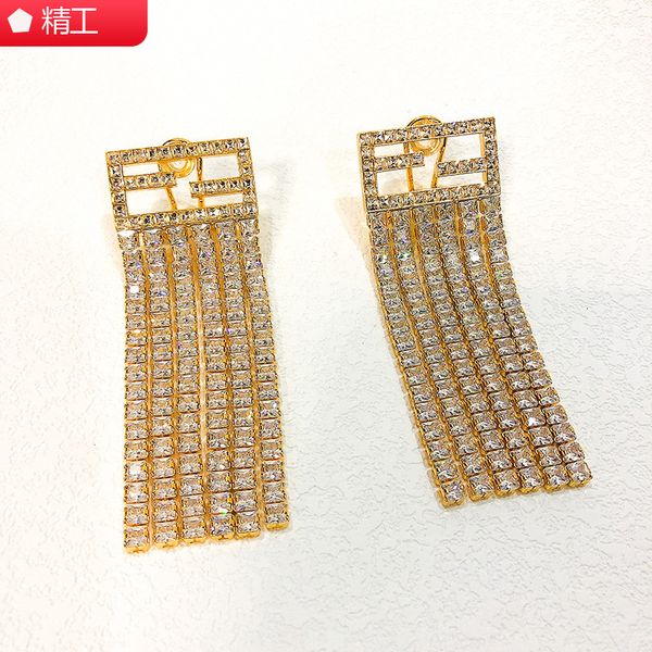 

fashion designer jewelry 2021 new tassel earrings women's long pearl f letter exaggerated large full diamond, Golden
