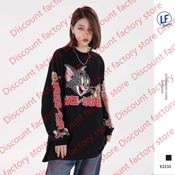 

lawfoo2021 spring new product guochao men's cartoon imitation embroidery three dimensional printing men's long sleeve t-shirt, White;black