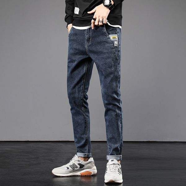

2021 new korean style fashion men jeans vintage retro blue elastic slim fit casual cotton denim trousers streetwear youth pencil pants p01g