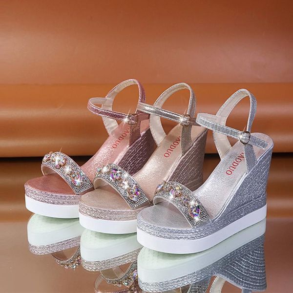 

dress shoes sandalias mujer 2021 rhinestone sandals platform women ankle strap fashion high heels wedges party, Black