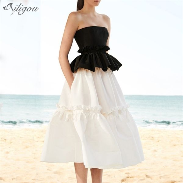 

chic women's patchwork ruffled pleated temperament dress strapless sleeveless loose fit fashion summer 210525, Black;gray